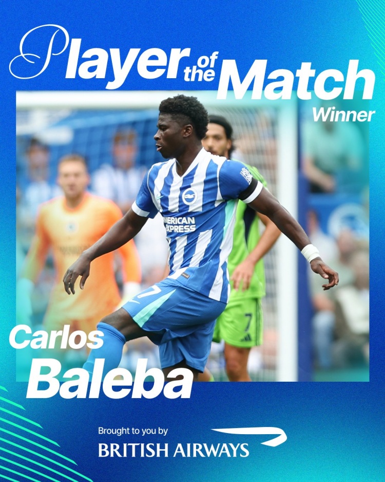 3次拦截全场最高，巴莱巴当选布莱顿1-1富勒姆一役队内最佳